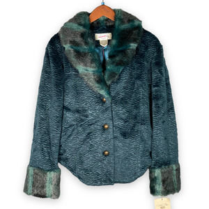 NEW NWT Tasha Polizzi Teal Textured Jacket w Faux Fur Collar & Cuffs Sz M